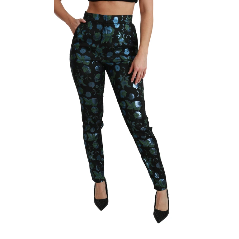 Dolce & Gabbana Blue Green Floral Metallic Slim Pants Black Polyester Fibre - Women