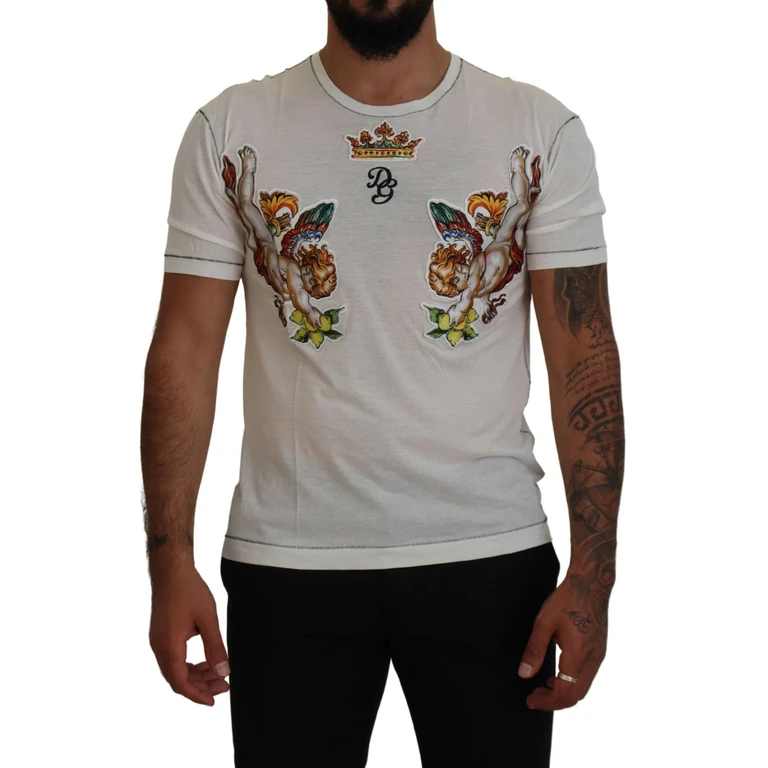 Dolce & Gabbana White Printed Short Sleeves Men T-Shirt Cotton Silk - Men