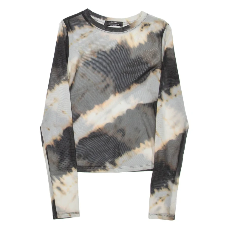 BERSHKA Sheer Womens Printed Top Black Long Sleeve XS