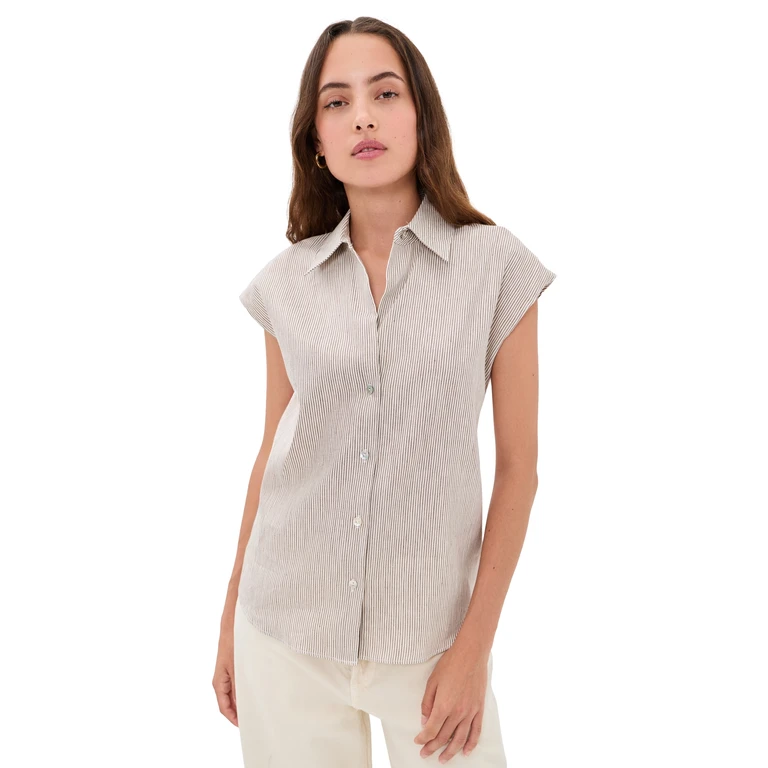 Vince Ticking Stripe Cap Sleeve Blouse Taupe Wood XL