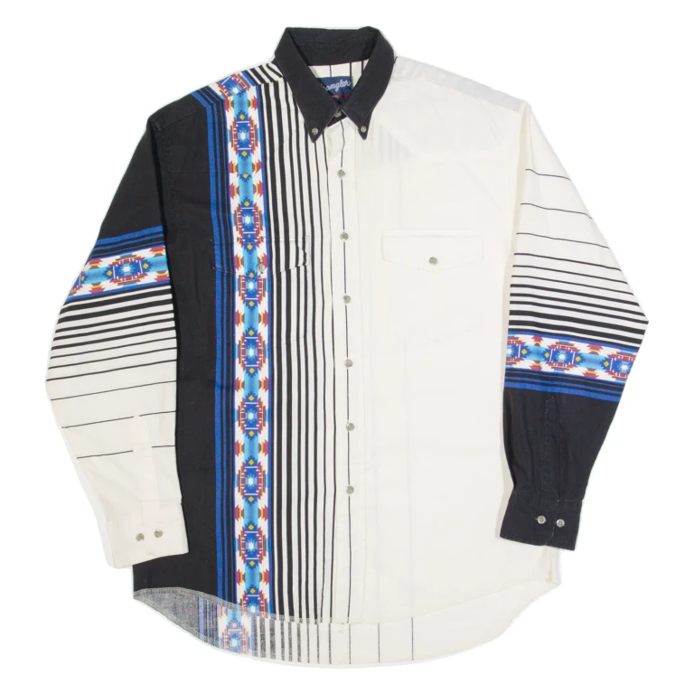 WRANGLER Western Mens Shirt White Striped Long Sleeve L
