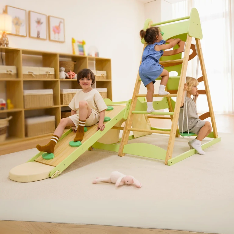 Bush 6-in-1 Indoor Wooden Jungle Gym Climber - Montessori Toddler Playset with Slide, Rock Wall, Ladder & More