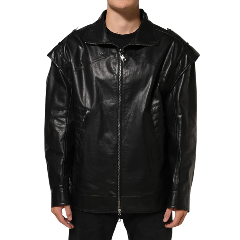 Dolce & Gabbana Black Leather Full Zip Biker Blouson Jacket Taurus Clothing - Men