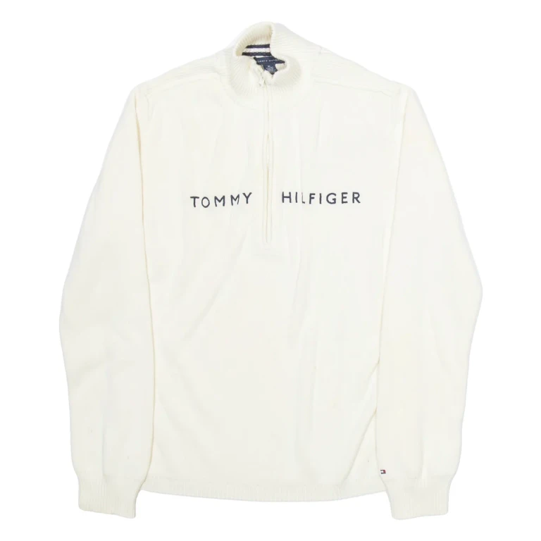 TOMMY HILFIGER Womens Jumper White 1/2 Zip Tight Knit XL