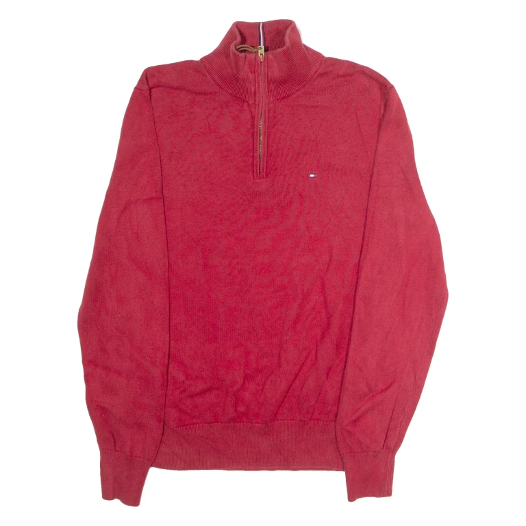 TOMMY HILFIGER Mens Jumper Red 1/4 Zip Tight Knit M