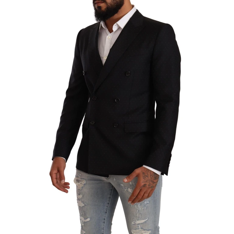 Dolce & Gabbana Black Dotted Double Breasted Martini Jacket Virgin Wool Clothing - Men