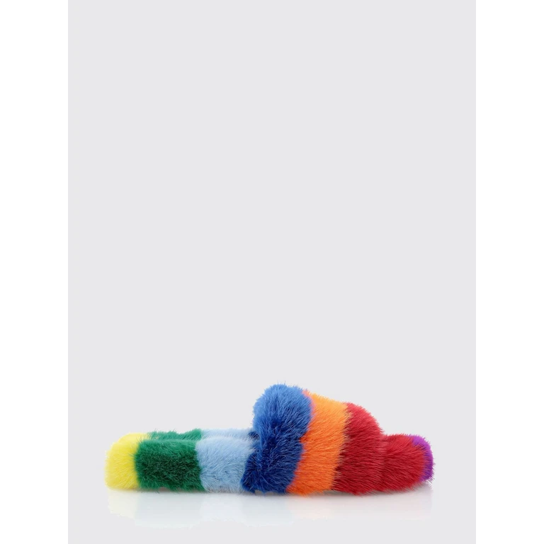 Multicolour Striped Fur Slides with Low Heel (AAASWSG0056PFU003F21)