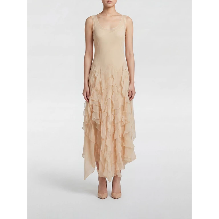 Asymmetrical Midi Dress in Georgette with Ruffles and Thin Straps (P644A442AN0147)