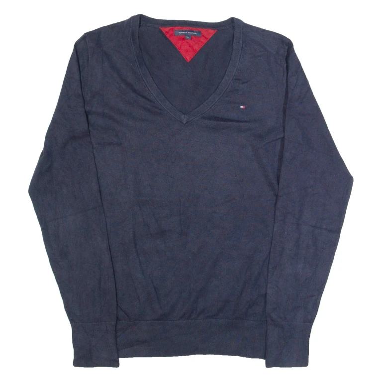 TOMMY HILFIGER Womens Jumper Blue V-Neck Tight Knit M