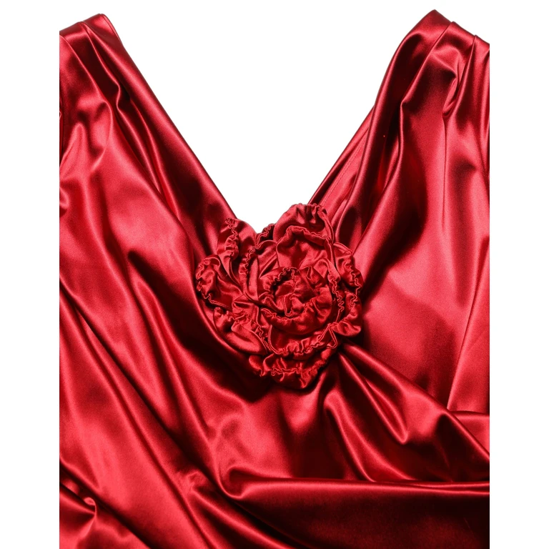 Dolce & Gabbana Red Silk Satin Draped Midi Floral Applique Dress Elastane - Women