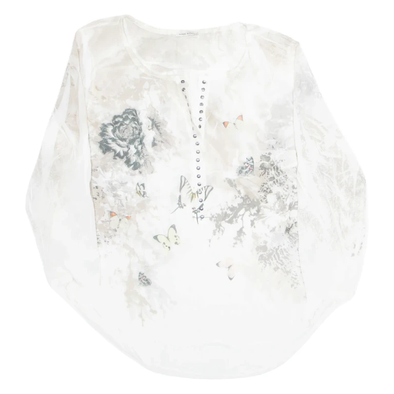 Butterfly Design Sheer Womens Printed Blouse Cream Long Sleeve Silk L