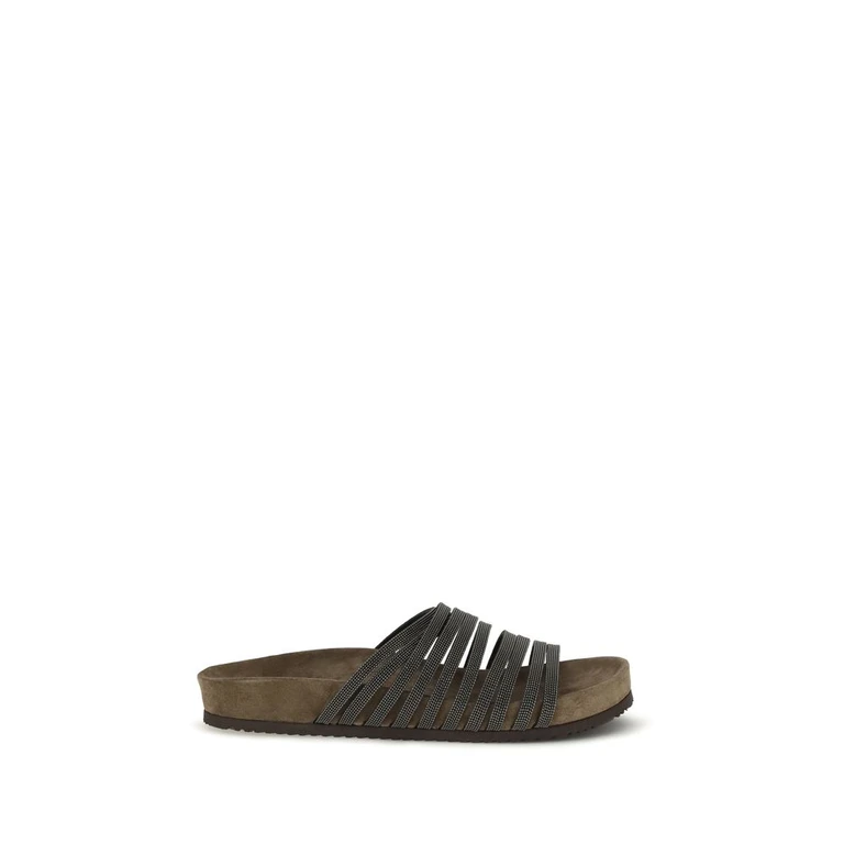 Brunello Cucinelli Black Calf Leather Bos Taurus Flat Sandals - Women