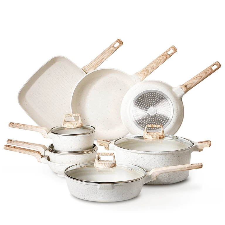 19 Piece Pots and Pans Set Granite Nonstick Kitchen Cookware Induction White - White