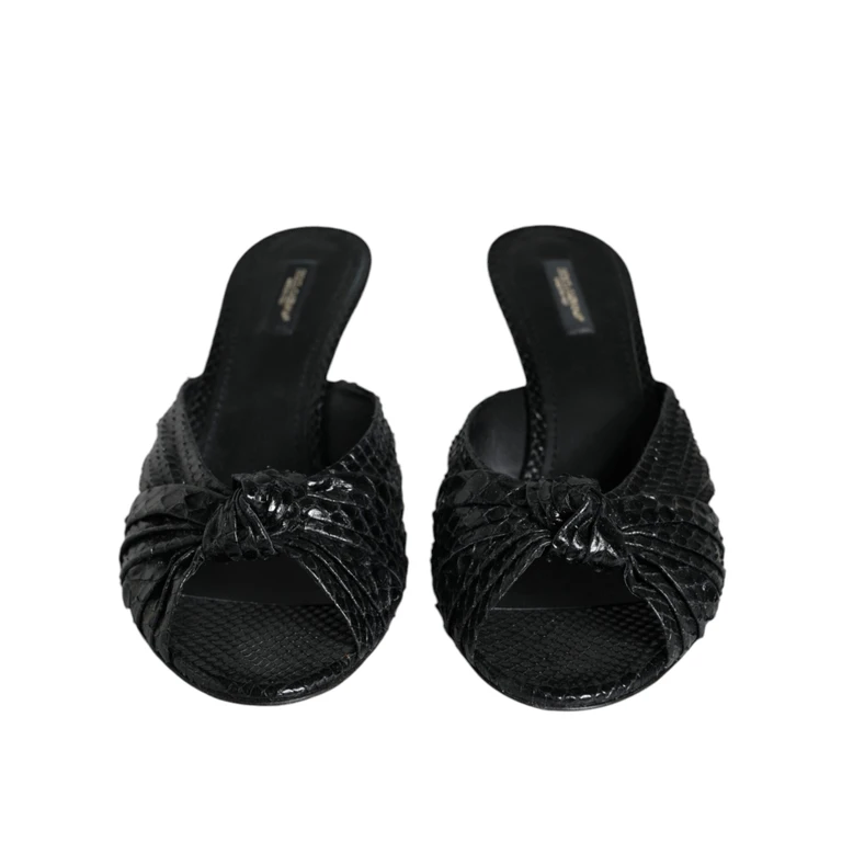 Black Leather Heels Slides Sandals Shoes Python - Women