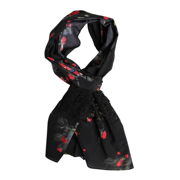 Black Floral Print Neck Warmer Wrap Scarf Silk Cotton - Women