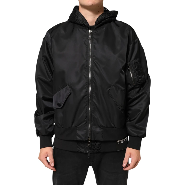 Black Nylon Hooded Full Zip Bomber Men Jacket Clothing - Men