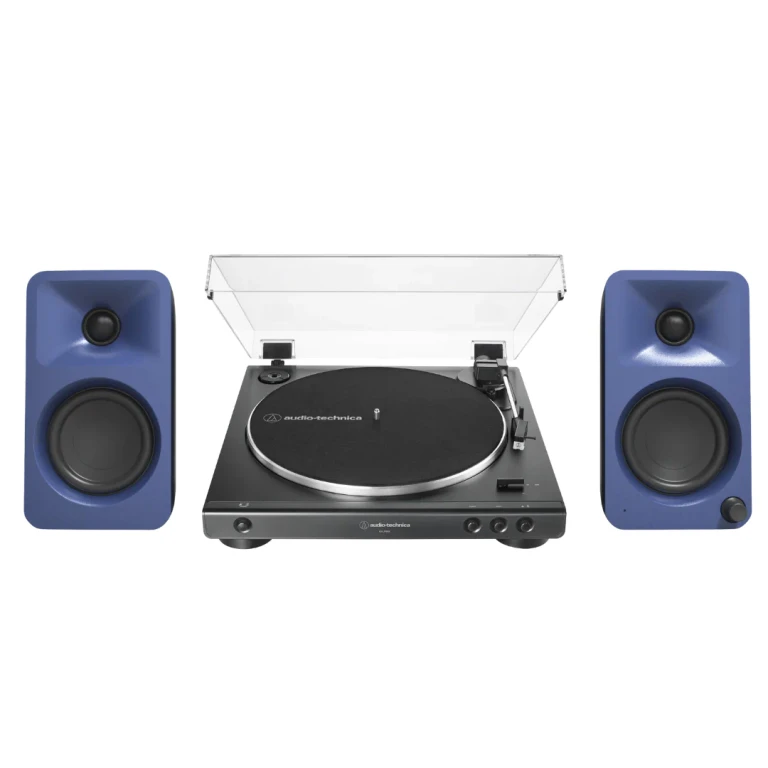 ORAME 100W Powered Reference Desktop Computer Speakers (Indigo) with Audio Technica 60X-BK Fully Automatic Belt-Drive Stereo Turntable (Bundle)