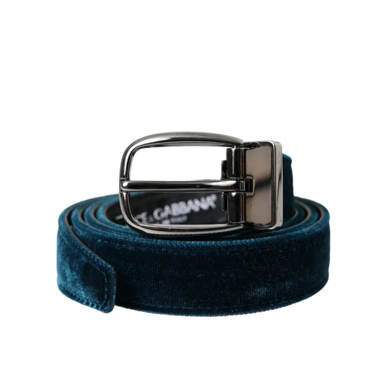 Dolce & Gabbana Blue Velvet Leather Silver Metal Buckle Belt - Men