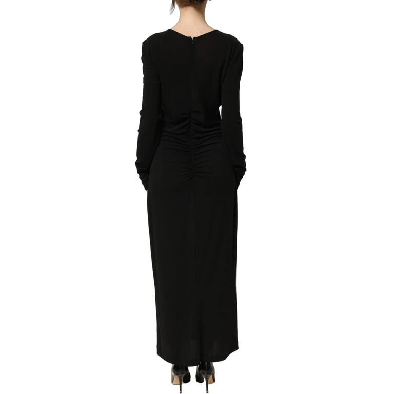 Black Cotton Long Sleeves Sheath Maxi Dress Nylon Elastane - Women