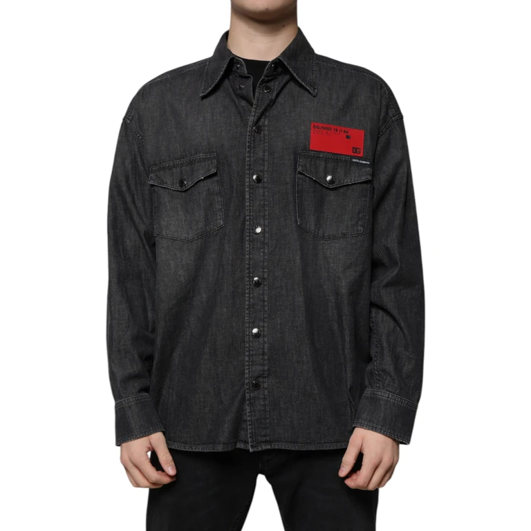 Dolce & Gabbana Black Logo Cotton Button Down Denim Shirt - Men