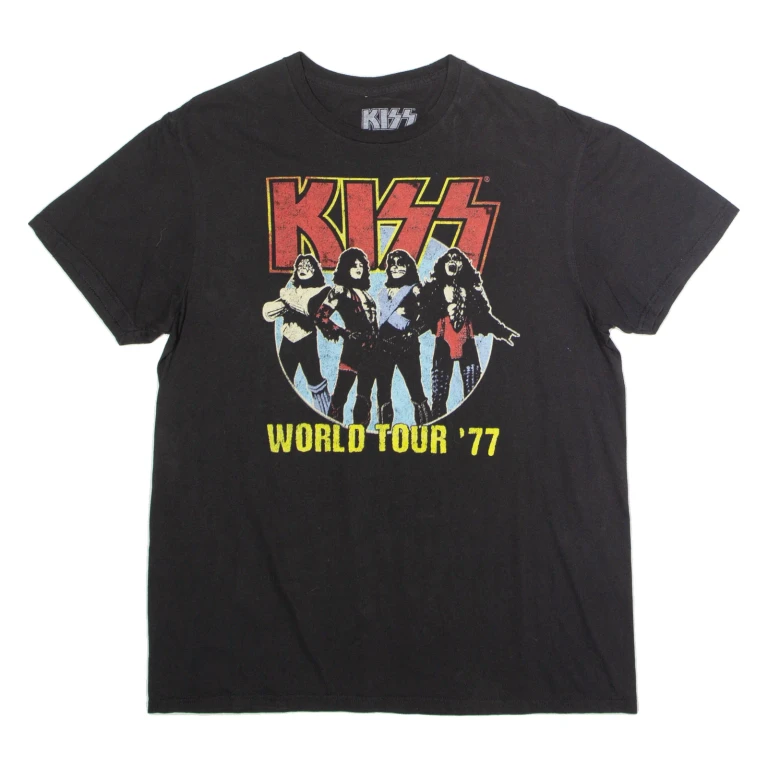 KISS World Tour '77 Mens Band T-Shirt Black Crew Neck L