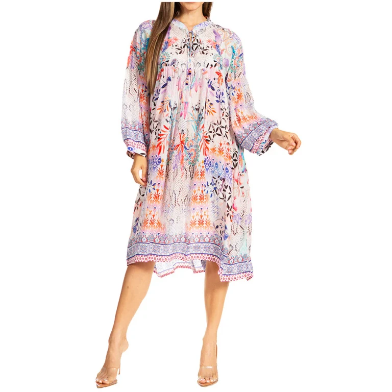 Sakkas Womens 3/4 Puff Sleeves Split Neck Summer Short Flowy Swing Dress/Cover-up