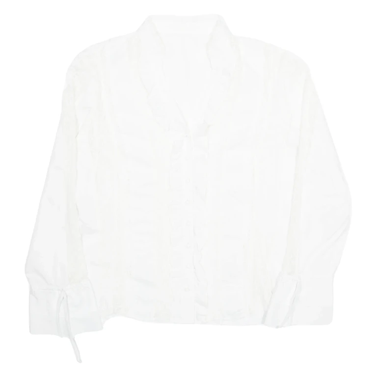 Womens Ruffle Blouse White Collared Long Sleeve M