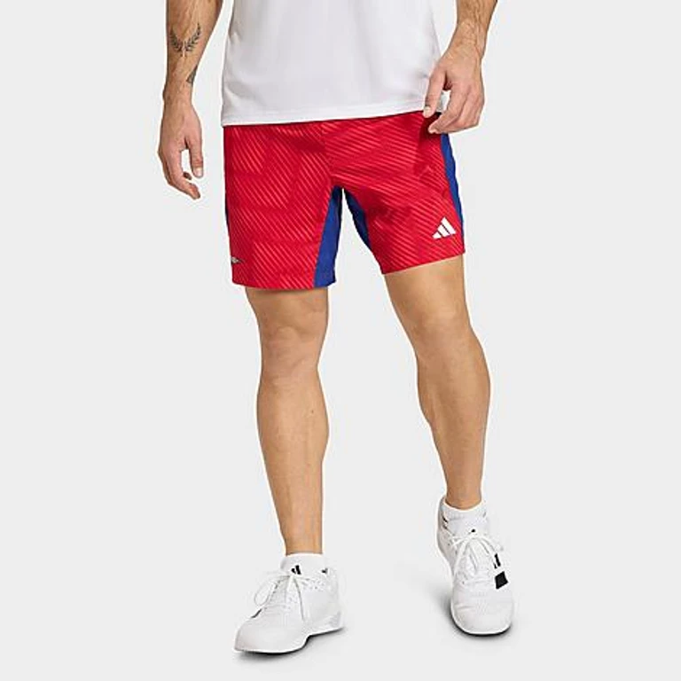 adidas Men's Tech Intensity Allover Print Training Shorts in Power Red/Mystery Ink/Black Size: S 5
