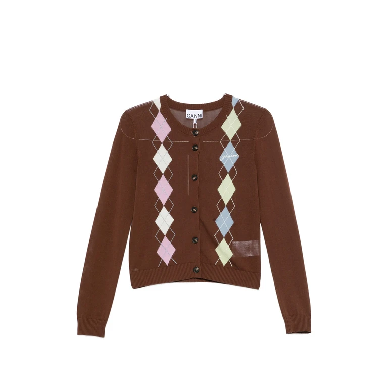 Argyle-pattern Button-up Cardigan
