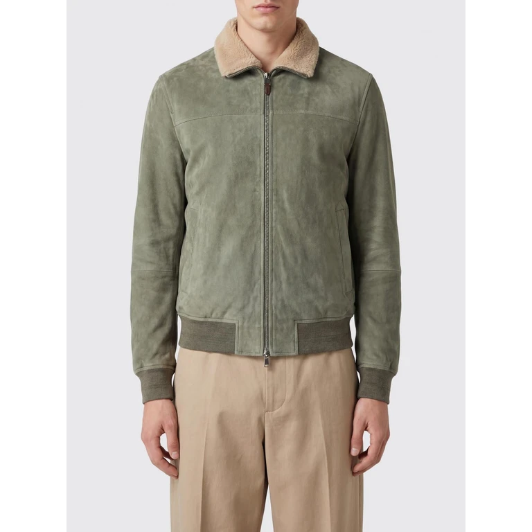 Suede Leather Bomber Jacket with Fur Collar and Elasticated Hem (O70509LE00298802)