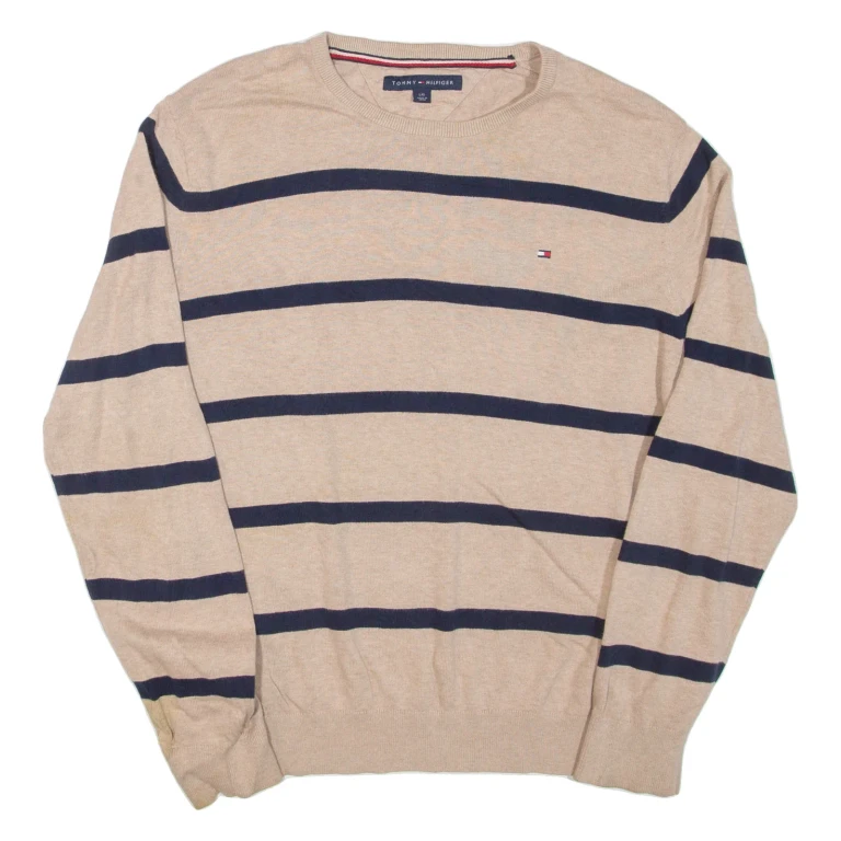 TOMMY HILFIGER Mens Patterned Jumper Beige Striped Tight Knit L