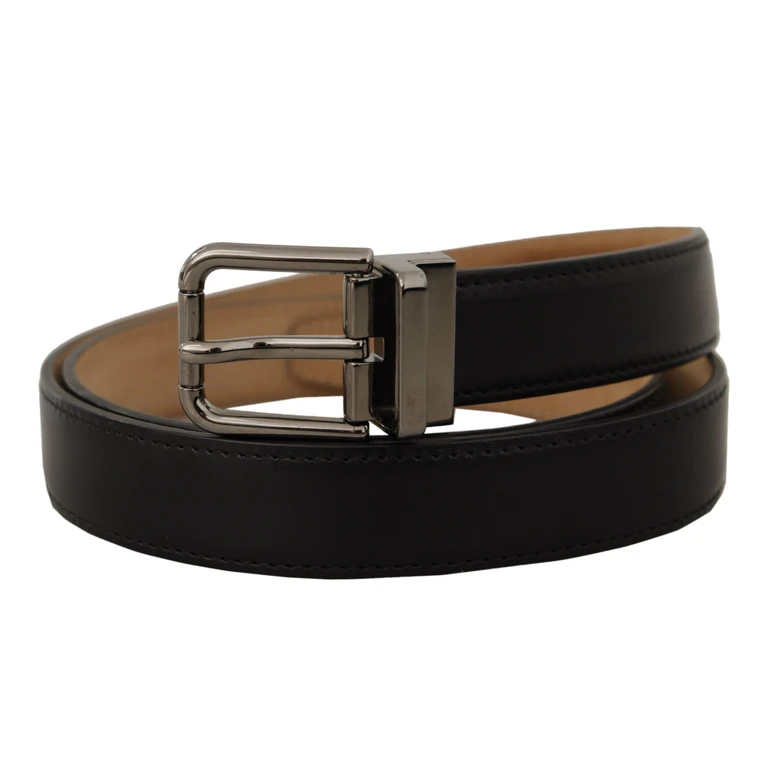 Dolce & Gabbana Black Calf Leather Logo Engraved Metal Buckle Belt - Men
