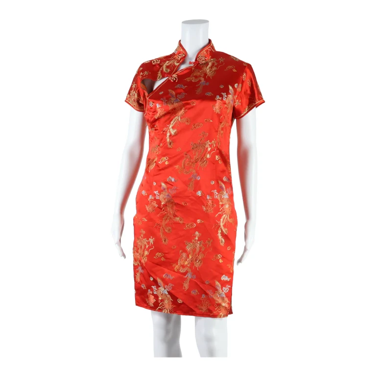 LAOGUE Side Slit Dragons Womens Pencil Dress Red Floral Short Sleeve Midi S