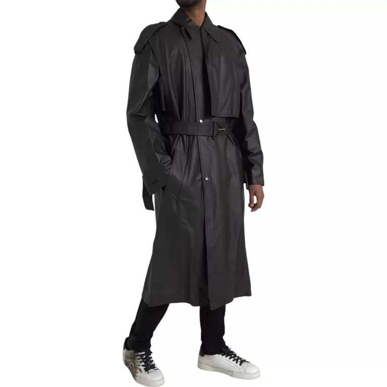 Black Leather Men Waterproof Trenchcoat Jacket Calf Clothing - Men
