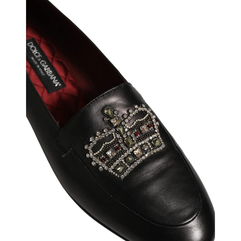 Dolce & Gabbana Black Leather Crown Embellished Loafers Shoes - Men