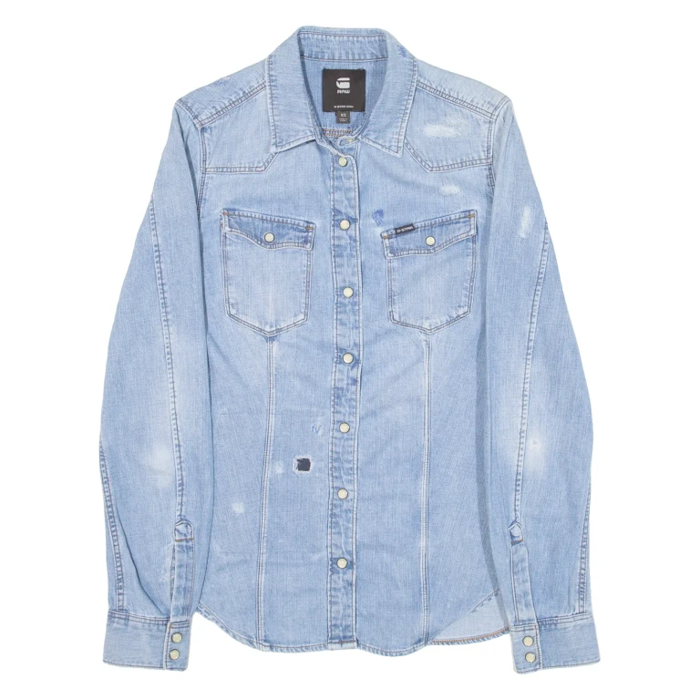G-STAR RAW Distressed Womens Denim Shirt Blue Long Sleeve XS