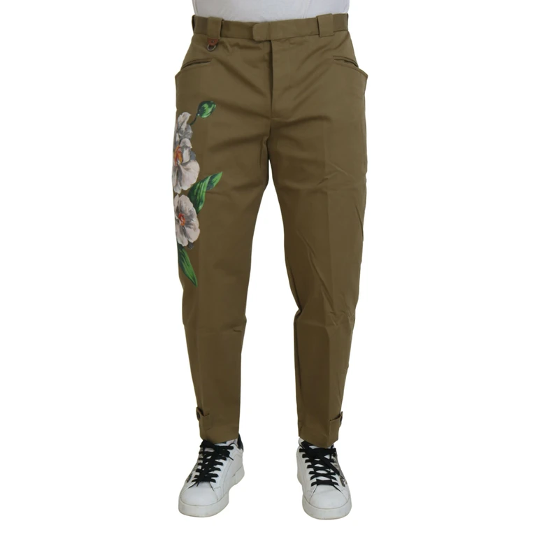 Dolce & Gabbana Beige Cotton Stretch Floral Chinos Pants - Men
