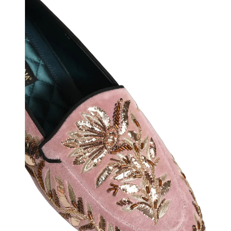Dolce & Gabbana Pink Velvet Floral Embroidery Loafers Shoes Leather - Men