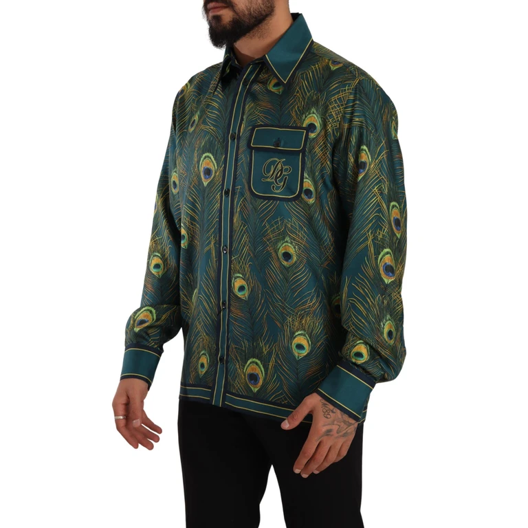 Dolce & Gabbana Peacock Feather Print Silk Pajama Mens Shirt - Men