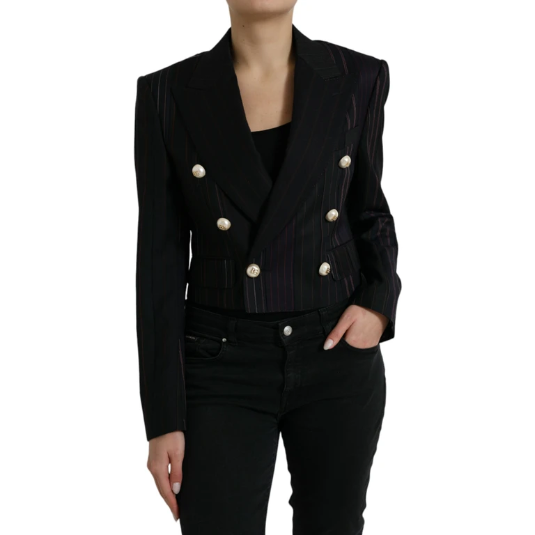 Black Striped Sicilia Double Breasted Jacket Wool Virgin Cotton Silk Clothing - Women