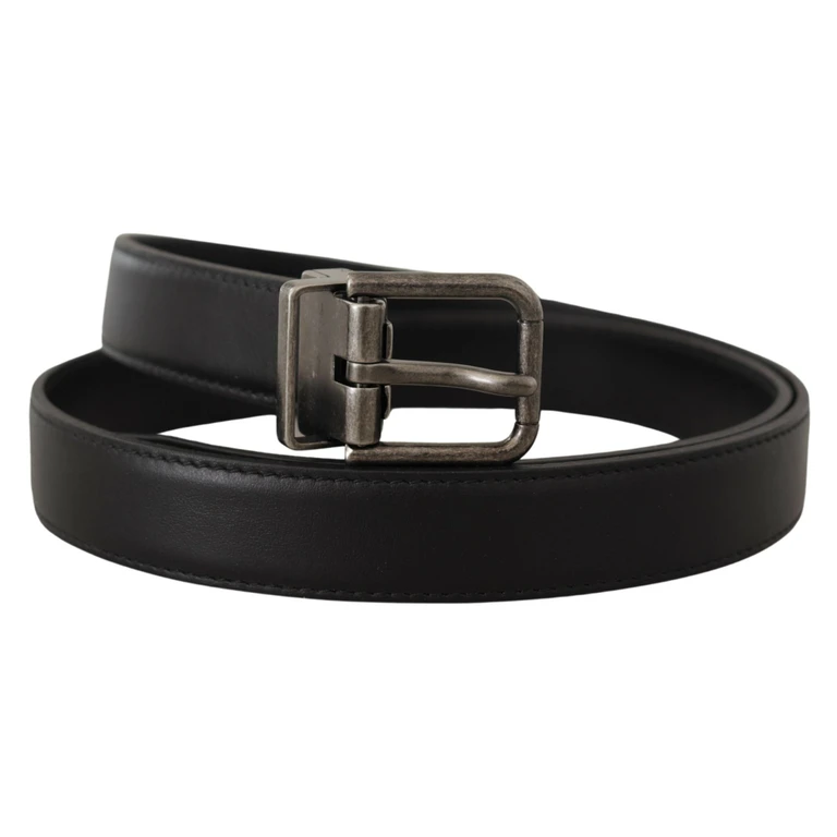 Dolce & Gabbana Black Plain Leather Vintage Logo Metal Buckle Belt - Men
