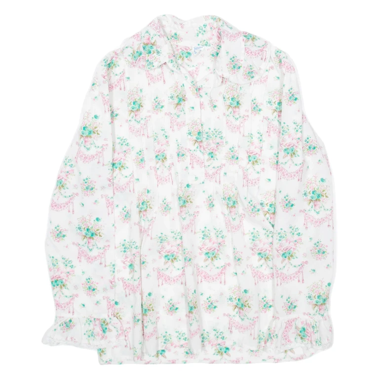 Womens Printed Shirt White Collared Long Sleeve Floral S