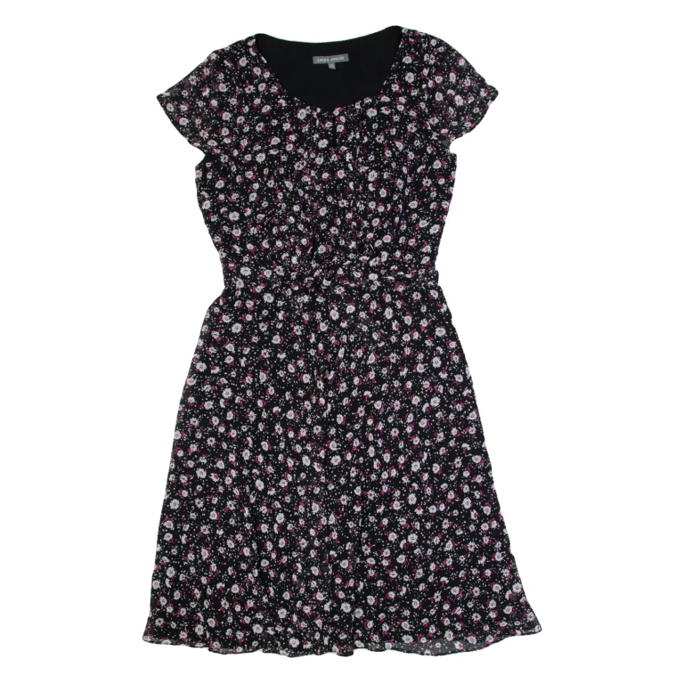 LAURA ASHLEY Womens A-Line Dress Black Floral Short Sleeve Knee Length UK 8