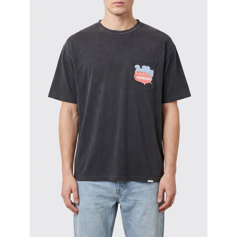 Crewneck Cotton-Hemp T-Shirt with Graphic Print and Patch Pocket (MLM101221STAINEDBLA)