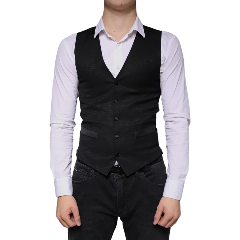 Dolce & Gabbana Black Wool Waistcoat Dress Formal Vest Viscose Silk Polyester - Men