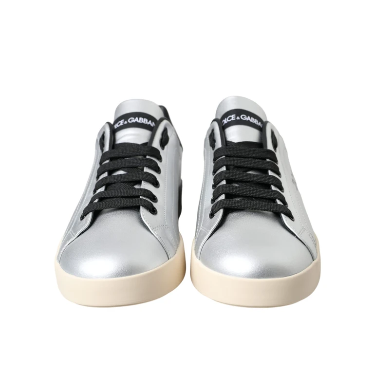 Dolce & Gabbana Silver Portofino Calf Leather Sneakers Men Shoes Black - Men