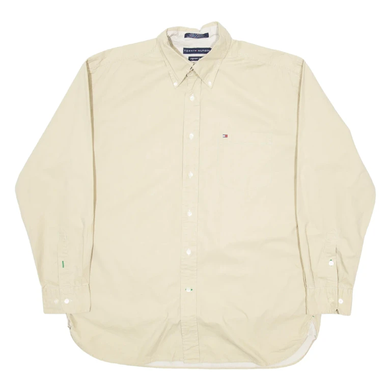 TOMMY HILFIGER Mens Plain Shirt Beige Long Sleeve L