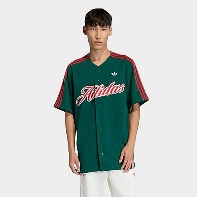 adidas Men's Originals Summer League Varsity Baseball Jersey in Collegiate Green/Better Scarlet/ Size: XS