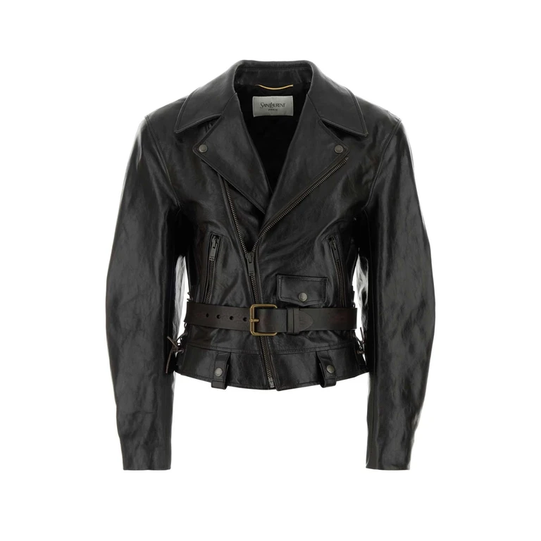 Saint Laurent Black Leather Jacket Marronfonce Giacche In Pelle - Women