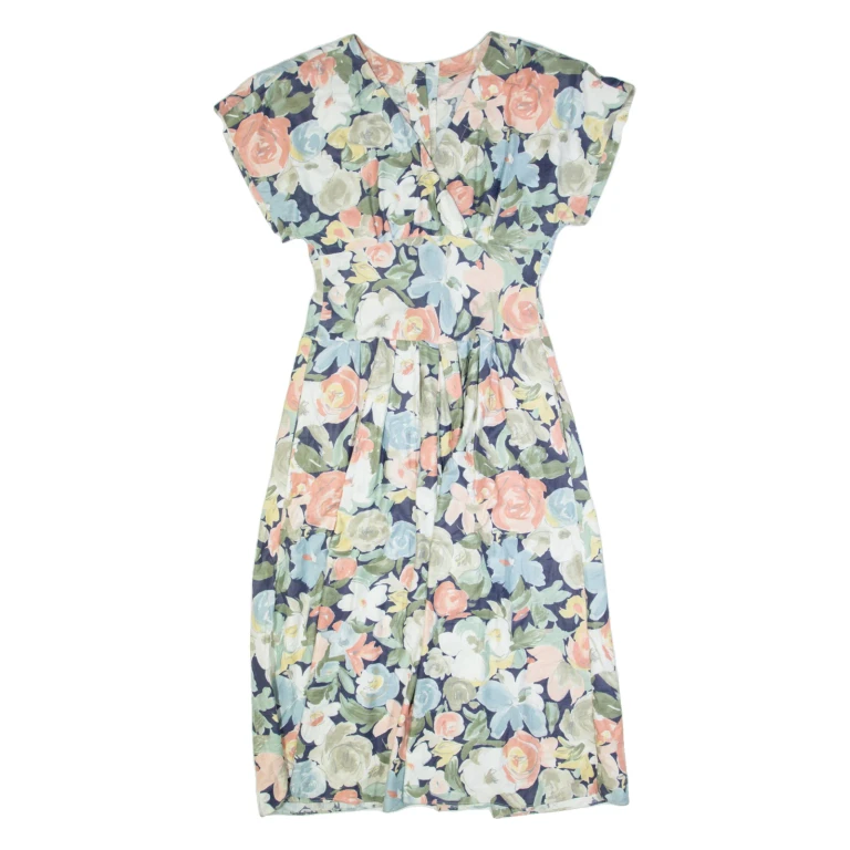 REO Womens A-Line Dress Black 90s Floral Short Sleeve Long M